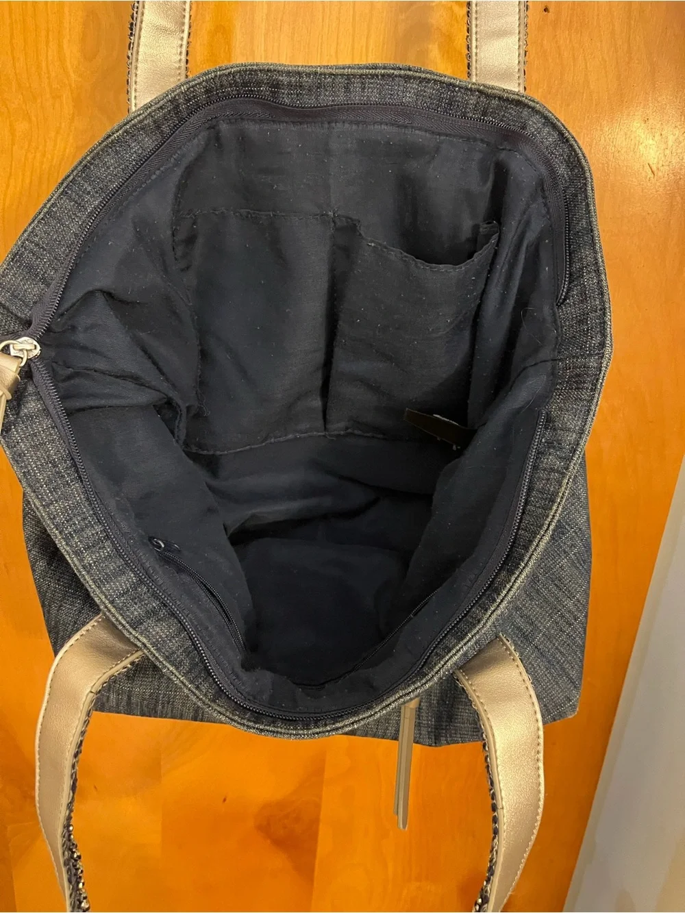 Denim Tote Bag with Braided Straps - Navy Blue